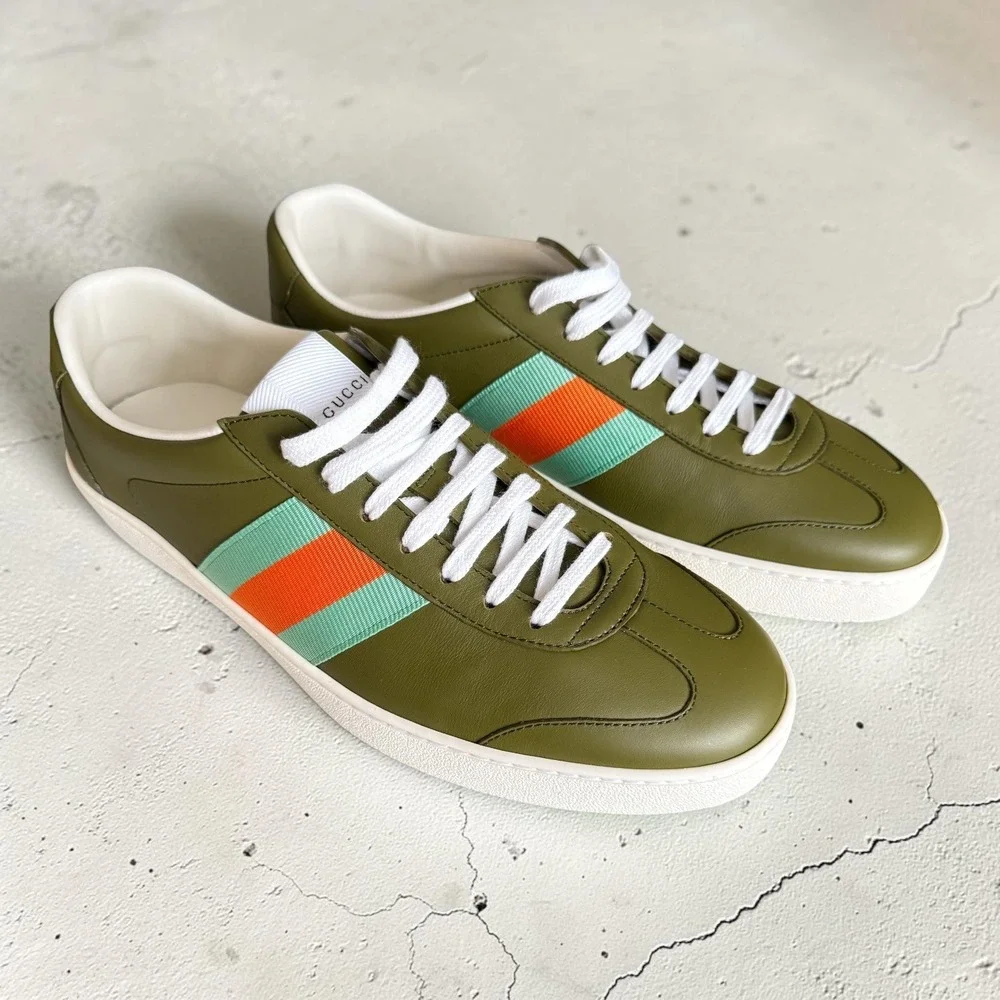 Gucci G74 Leather Sneakers Olive Green Blue Orange Web Stripe 858981 Mens 9G